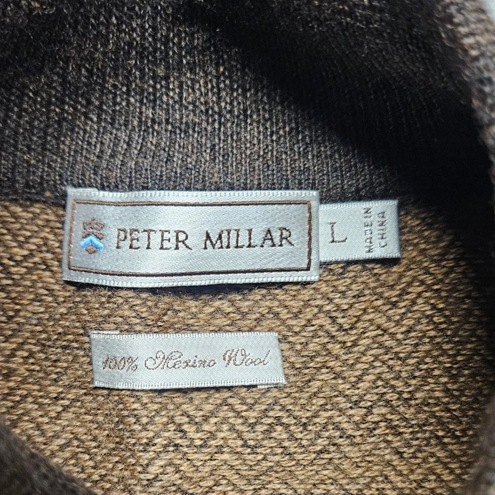 Peter Millar Sweater Vest Mens L Brown Herringbone Merino Wool Quarter Zip
